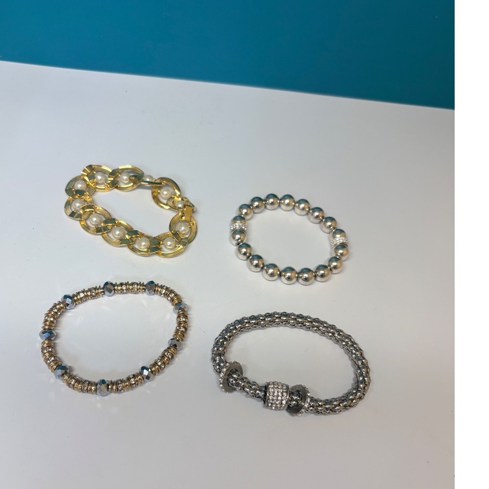 Lot of 4 Fashion Bracelets Gold Silver Tone Pearl‎ Rhinestone Mesh Stretch Link